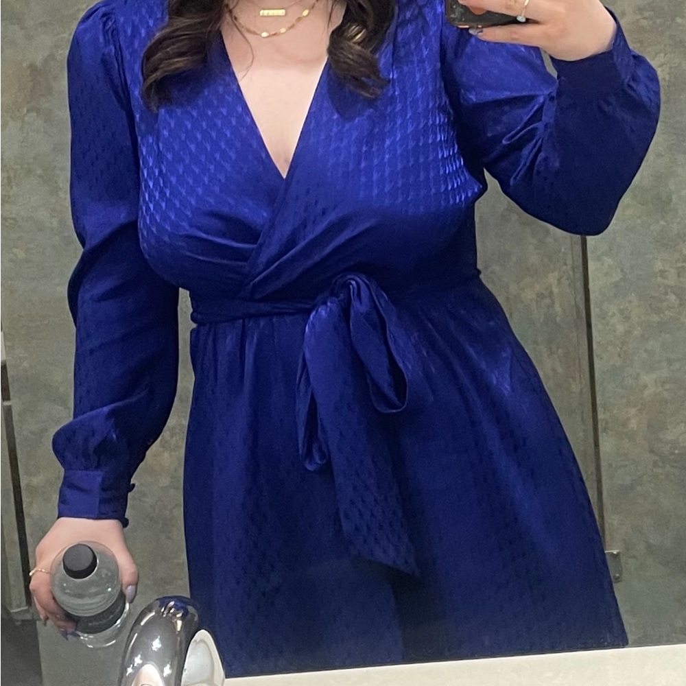 Express Blue Satin Tie Waist Long Sleeve Mini Dress size small